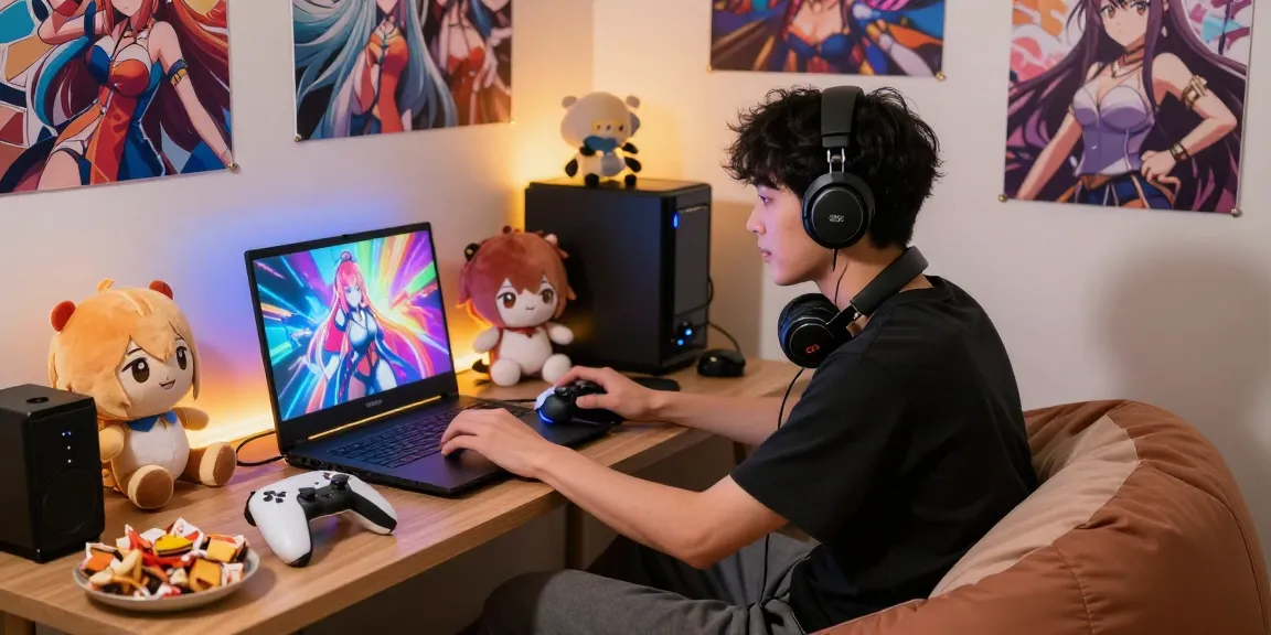 Engaging gamer immersed in a hentai game, colorful setup with anime decor and warm atmosphere.